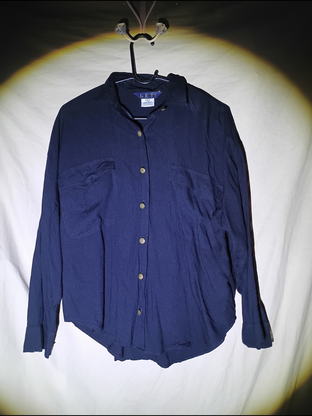 Vintage GET! Navy Blue 100% Rayon Button Up Shirt Size S